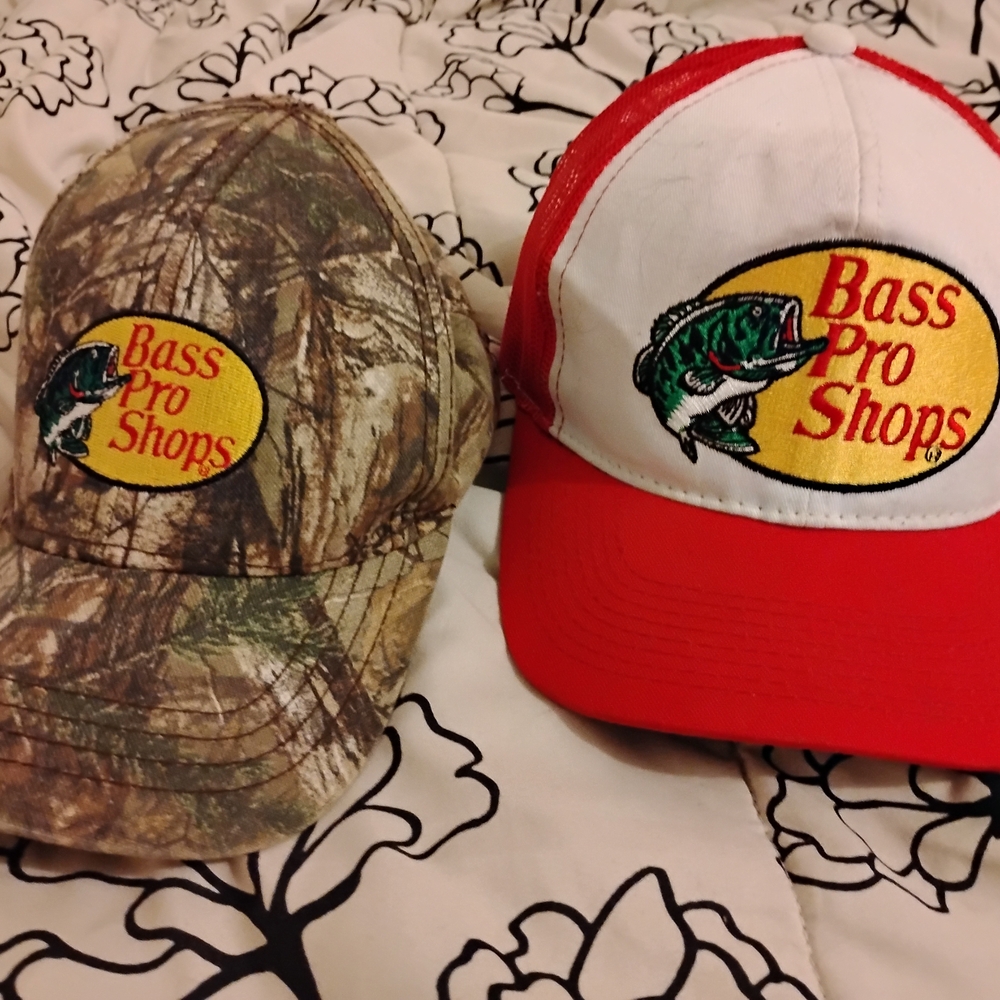 Bass Pro Shops Camo and Red Trucker Hats